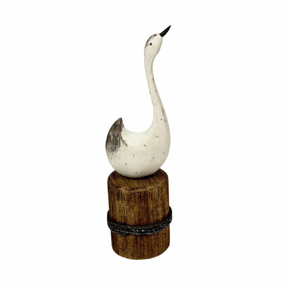 Distressed White Wood Swan Figurine Nautical Dock Piling 13.25 Inch Tall